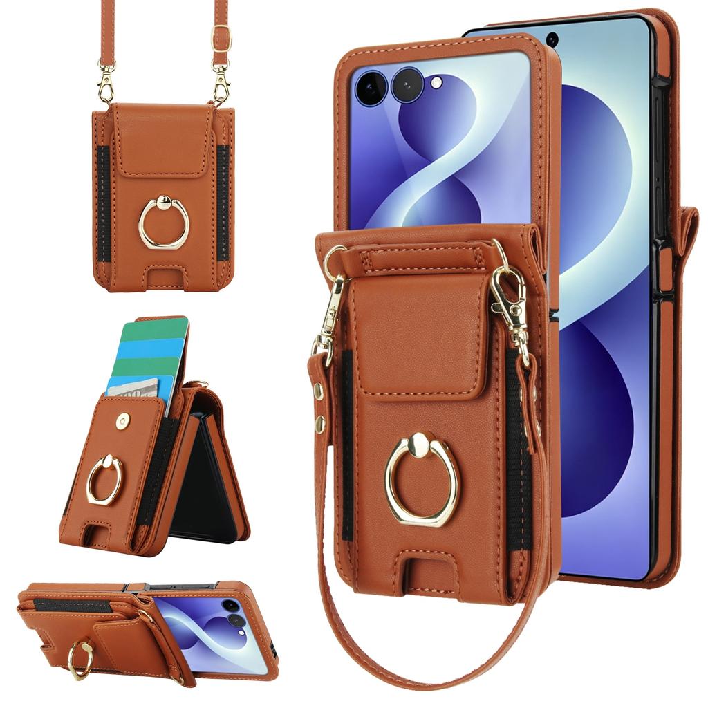 Borsa a tracolla con cordino lungo, porta carte, portafoglio, anello, custodia in pelle per Samsung Z Flip 8 7 6 5 4 3, antiurto, con supporto, cover sottile