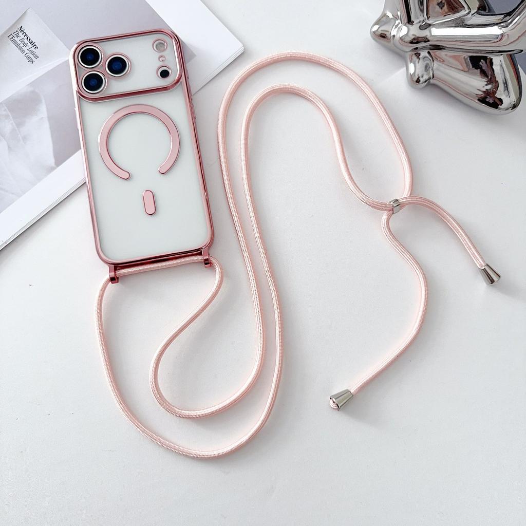 For iPhone 17 Pro Case Compatible with MagSafe Electroplating TPU Phone Cover with Long Lanyard