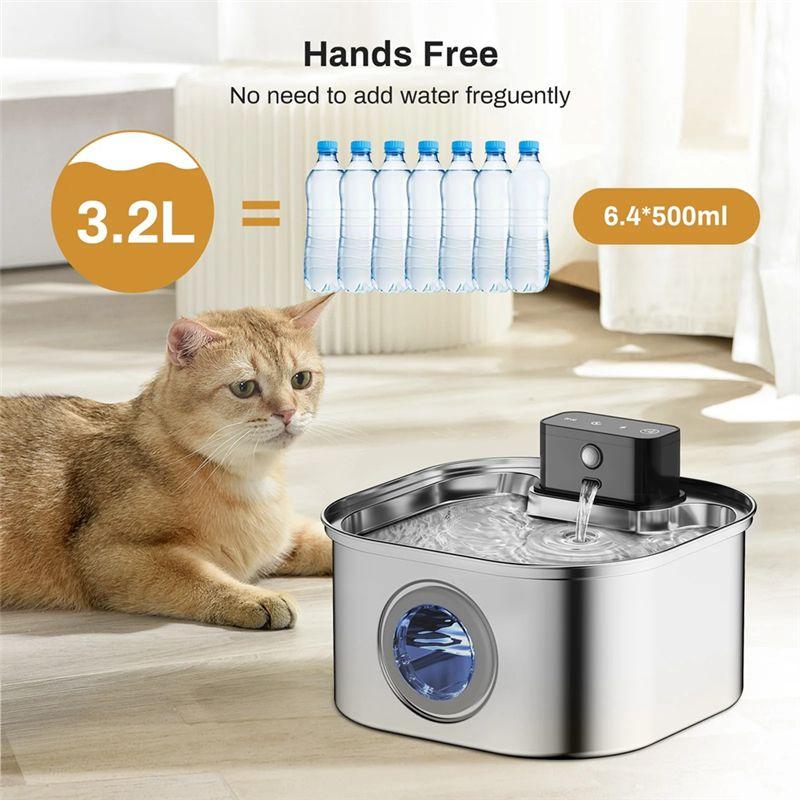 Fontanella per Acqua per Animali Domestici Pratica 3.2L Acciaio Inossidabile Senza Fili a Batteria Sensore di Movimento Silenziosa Filtrata Dispenser per Acqua per Gatti e Cani