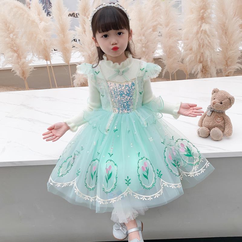 Elsa Princess Knitted Wool Dress for Girls - Spring & Autumn 2025