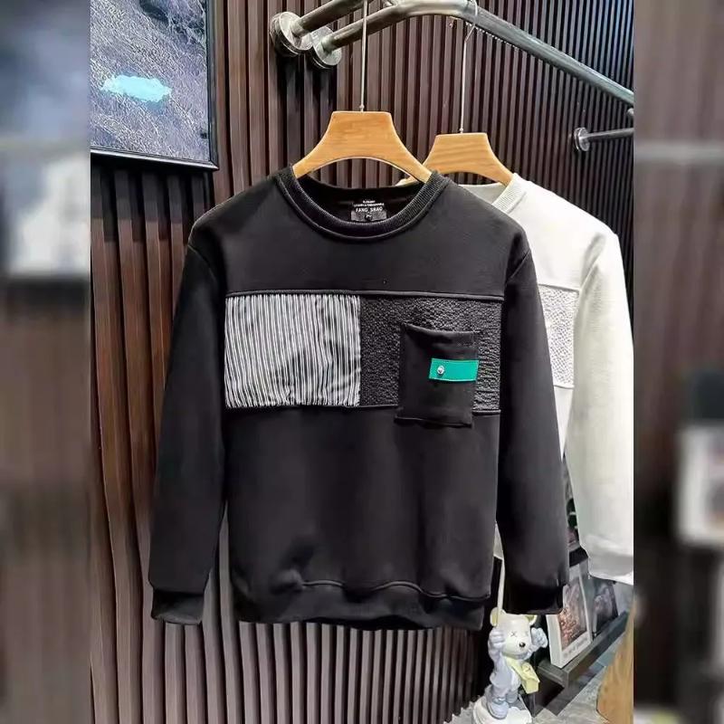 

Mens Black Patchwork Crew Neck Sweatshirt With Pocket Soft Daily Wear M чёрный