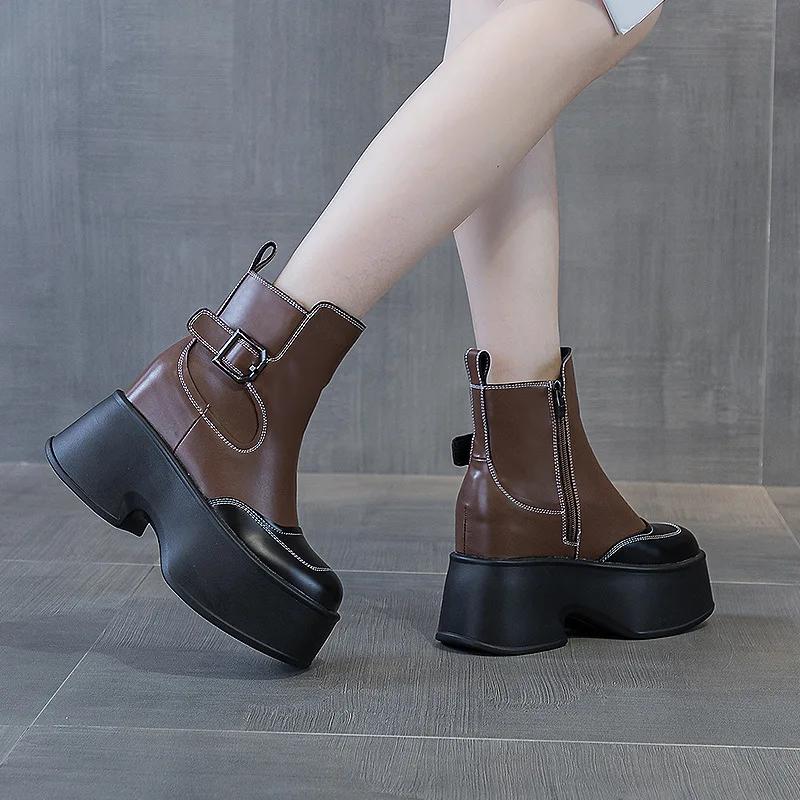 Fashion 11CM Suede Cow Genuine Leather Spring Autumn British Motorcycle Fashion ZIP Ankle Boots Platform Wedge Flats Women Shoes