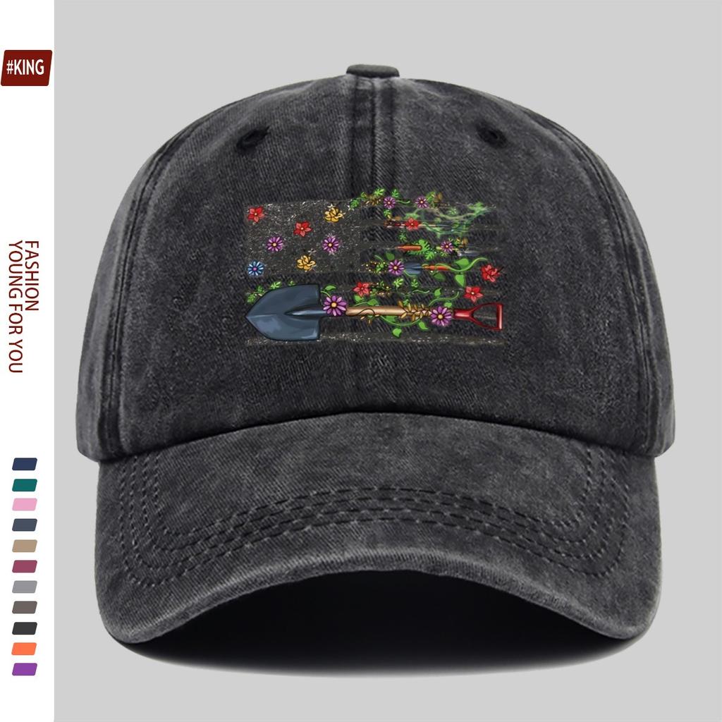 Gardening Shovel Floral Print Washed Baseball Cap Unisex Adjustable Casual Outdoor Style Hat