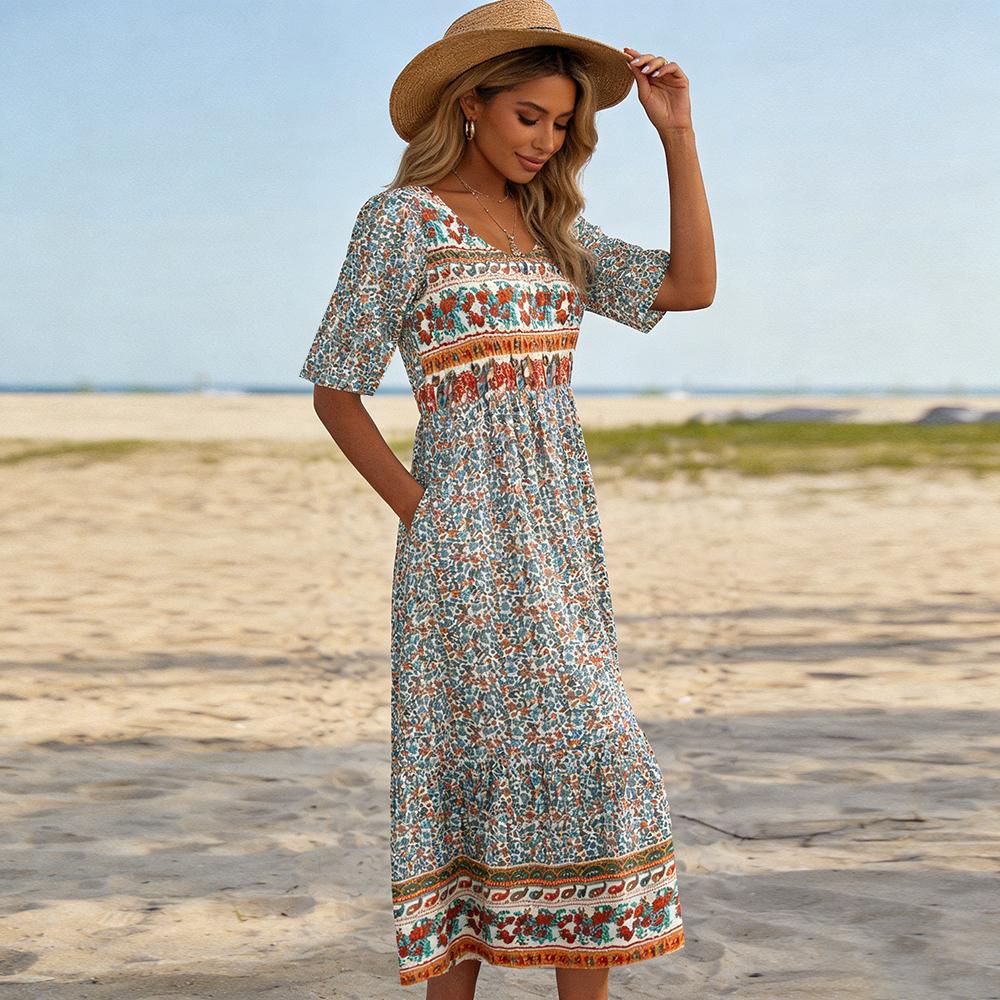 Women Bohemian Print Half Sleeve Flowy Midi Dress Elegant Outdoor Daily Wear