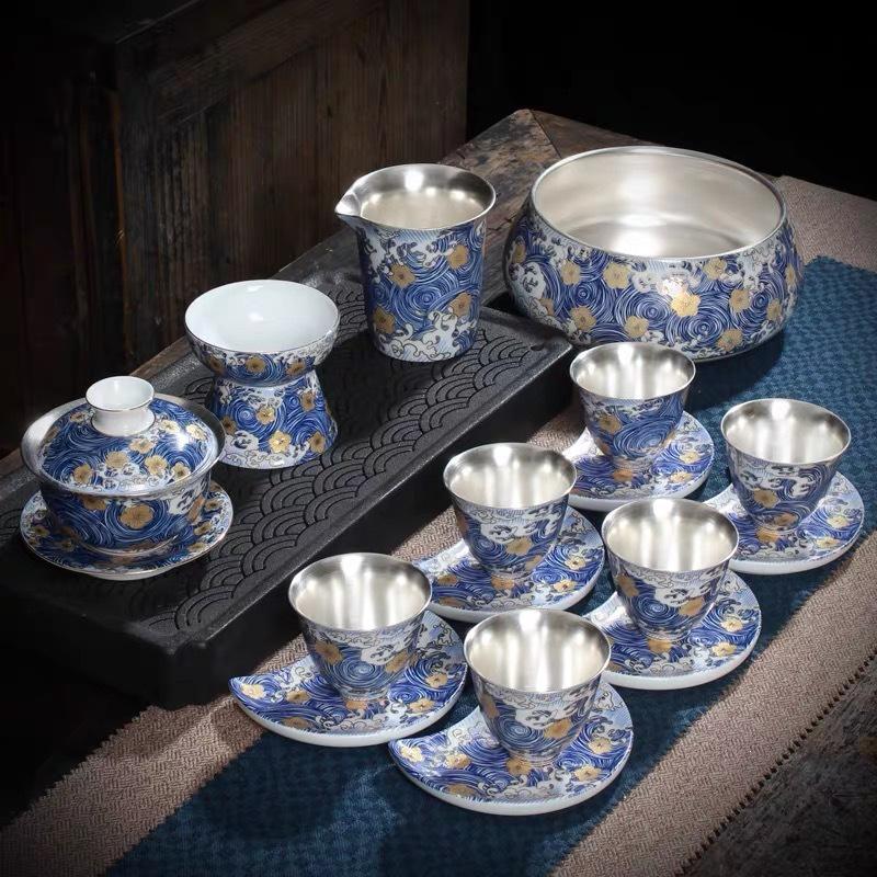 Silver-Plated Ceramic Kung Fu Tea Set: Complete Home Gift Box with Tea Cups and Pot