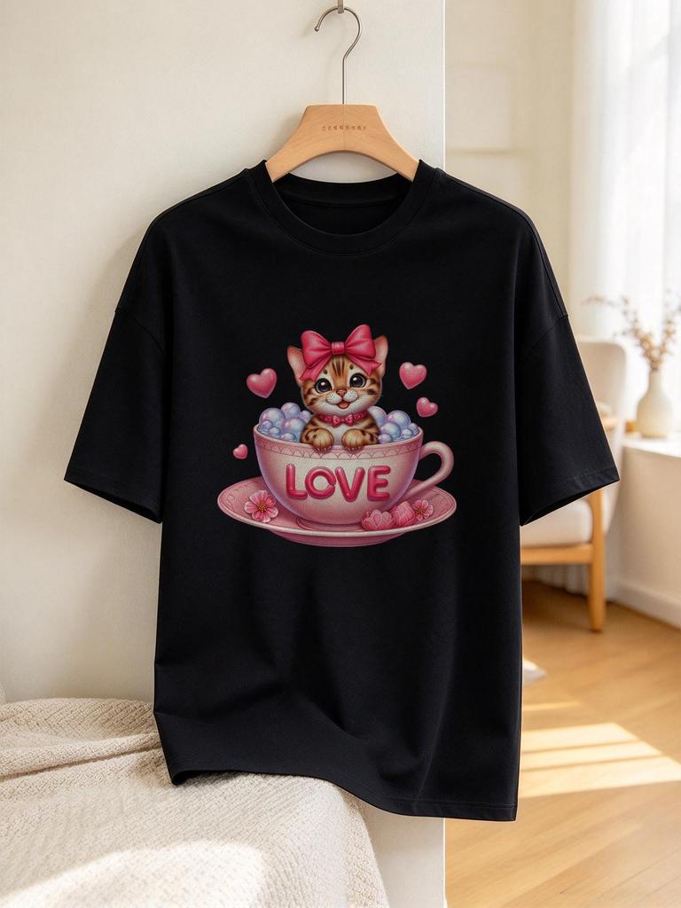 Unisex T Shirt Cute Cat in Pink Love Cup Fashion Casual Comfortable Soft Top