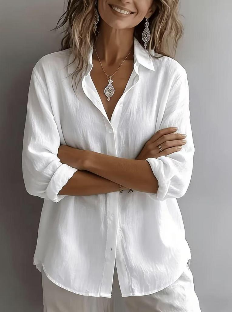 2026 European & American Women's Linen Casual Lapel Shirt - Solid Color, Long Sleeve, Spring Collection