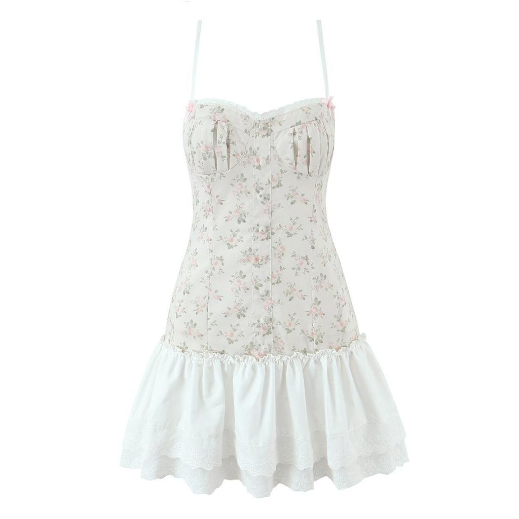 2026 Sweet Chic Lace Patchwork Backless Spaghetti Strap Mini Dress
