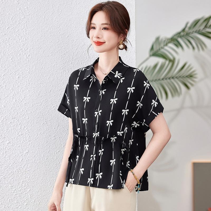 

2026 Versatile Fashion Women s Slimming Short-Sleeve Printed Blouse XL (suggested 85-100 lbs) чёрный