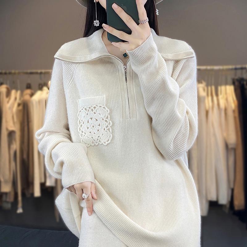 Women's Loose Cashmere Half-Patchwork Zipper Sweater - Autumn/Winter 23 Style