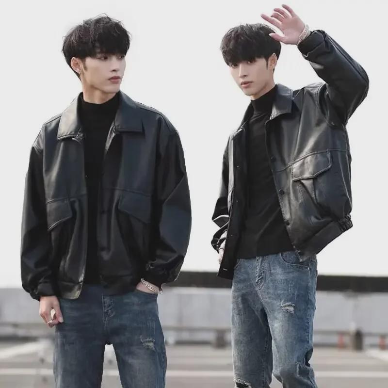 

Мужская модная кожаная мотоциклетная куртка в корейском стиле - свободный крой, модель Pilot, весна и осень XXL