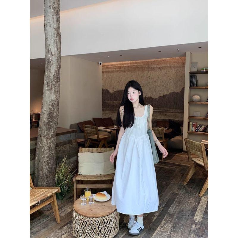 Kumikumi Pure Desire Style White Slimming Sling Dress Women Summer Niche Age-Reducing Lace-up A- Line Skirt Long Dress