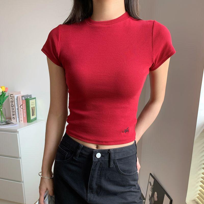 

Fashion High Waist Pure Desire Short Sleeve 2024 Summer Silm Embroider Red L