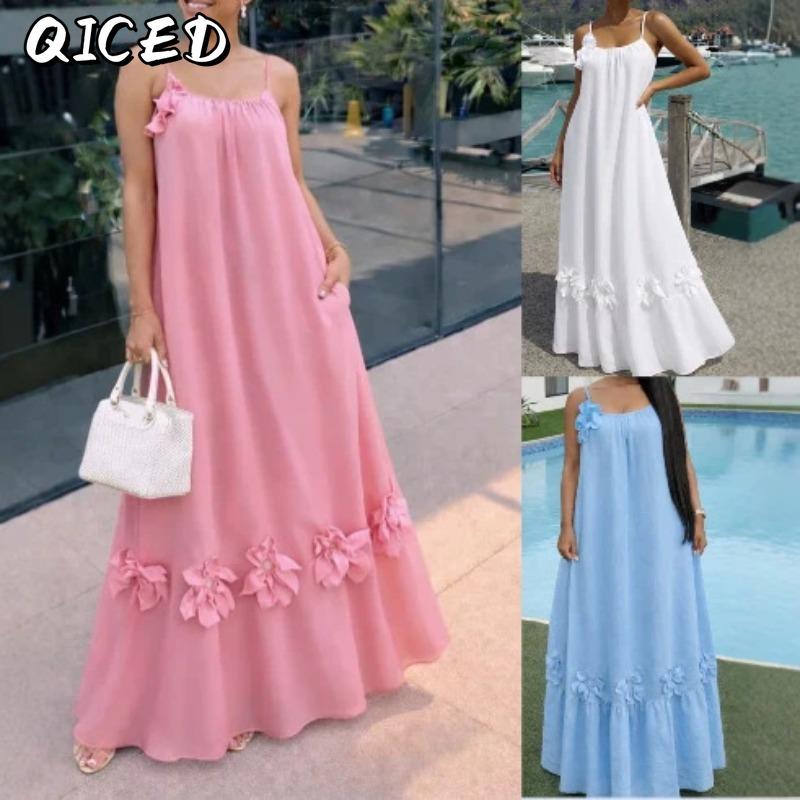 QICED Fashion Summer Spring Solid Color Print Sleeveless U-Neck Casual Dresses