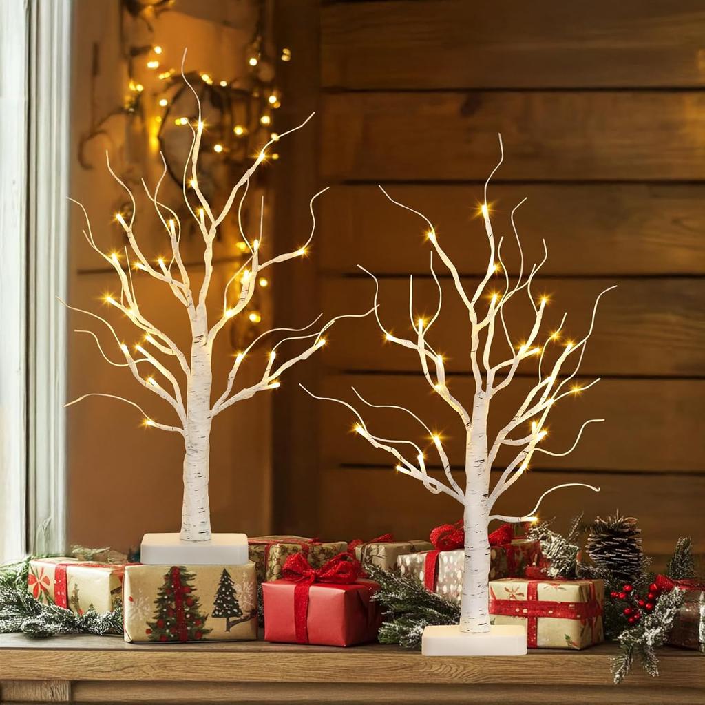 2 Pack Lighted Birch Tree, Battery-Powered LED Christmas Tree with Timer - Tabletop Decor for Home, Office, Bedroom, Wedding