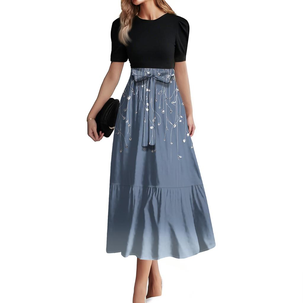 Women's Fashion Casual Belt Short Sleeve Print Round Neck Stitching Elegant Temperament Dress