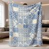 2026 Latest Flannel Blanket Vintage Blue Patchwork Floral Digital Print Flannel Throw Blanket Soft, Warm & Reversible for Couch, Office, Bed, Camping