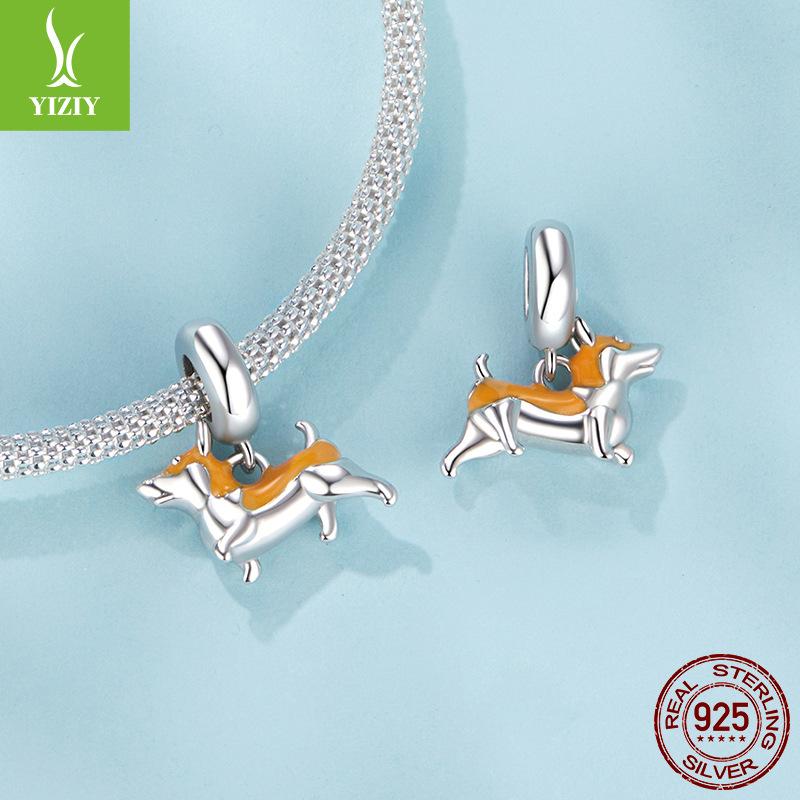 S925 Sterling Silver Cute Pet Puppy Corgi Pendant Diy Necklace Bracelet Beaded Fashion Loose Bead Accessories