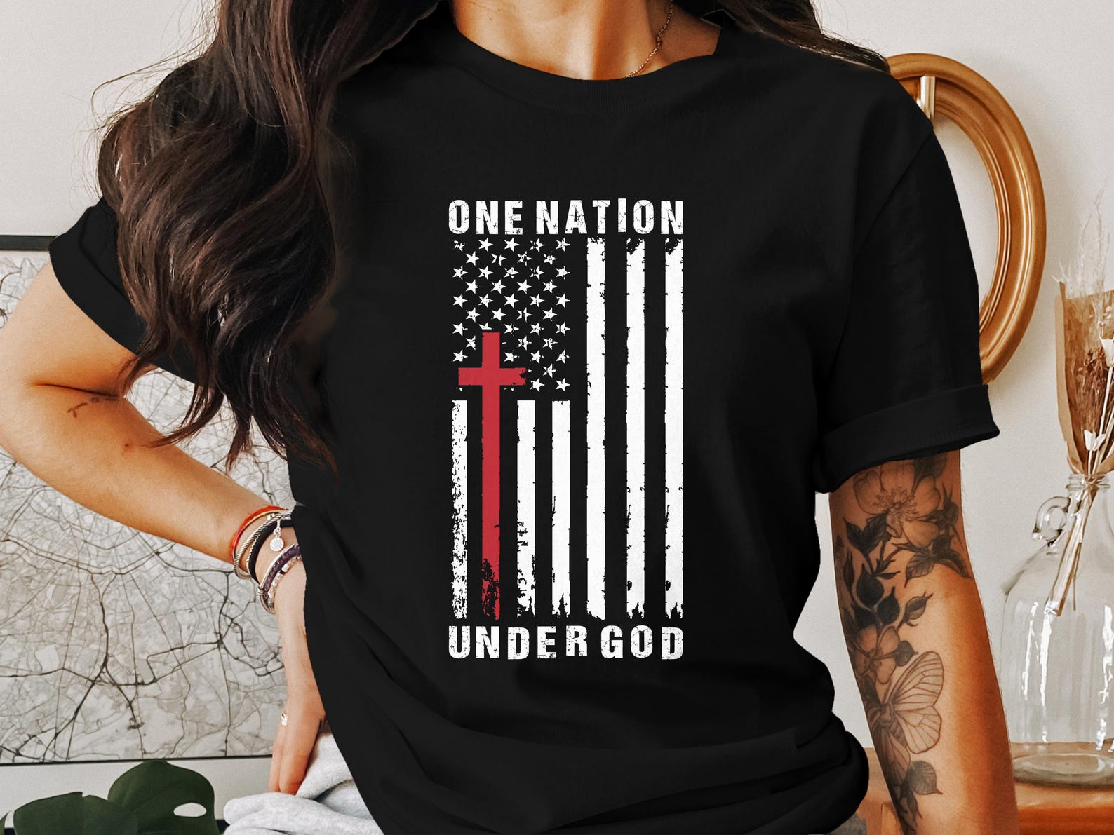 One Nation Under God T-Shirt, American Flag Christian Tee, Patriotic Faith Shirt, Jesus Christ USA, Religious Apparel, Gift for Believer L