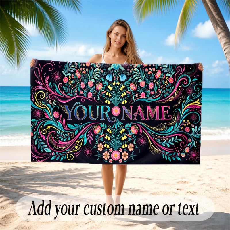 Floral Garden Theme Soft Beach Towel Personalized Custom Name Text Towel Portable for Beach Pool Travel