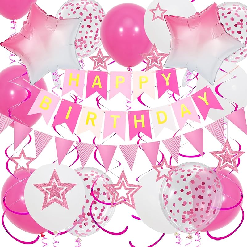 Purple Birthday Decorations, Happy Birthday Banner and Purple Star Balloons, Glitter Hanging Stars with Hanging Swirls, Circle Dot Paper Garland, for