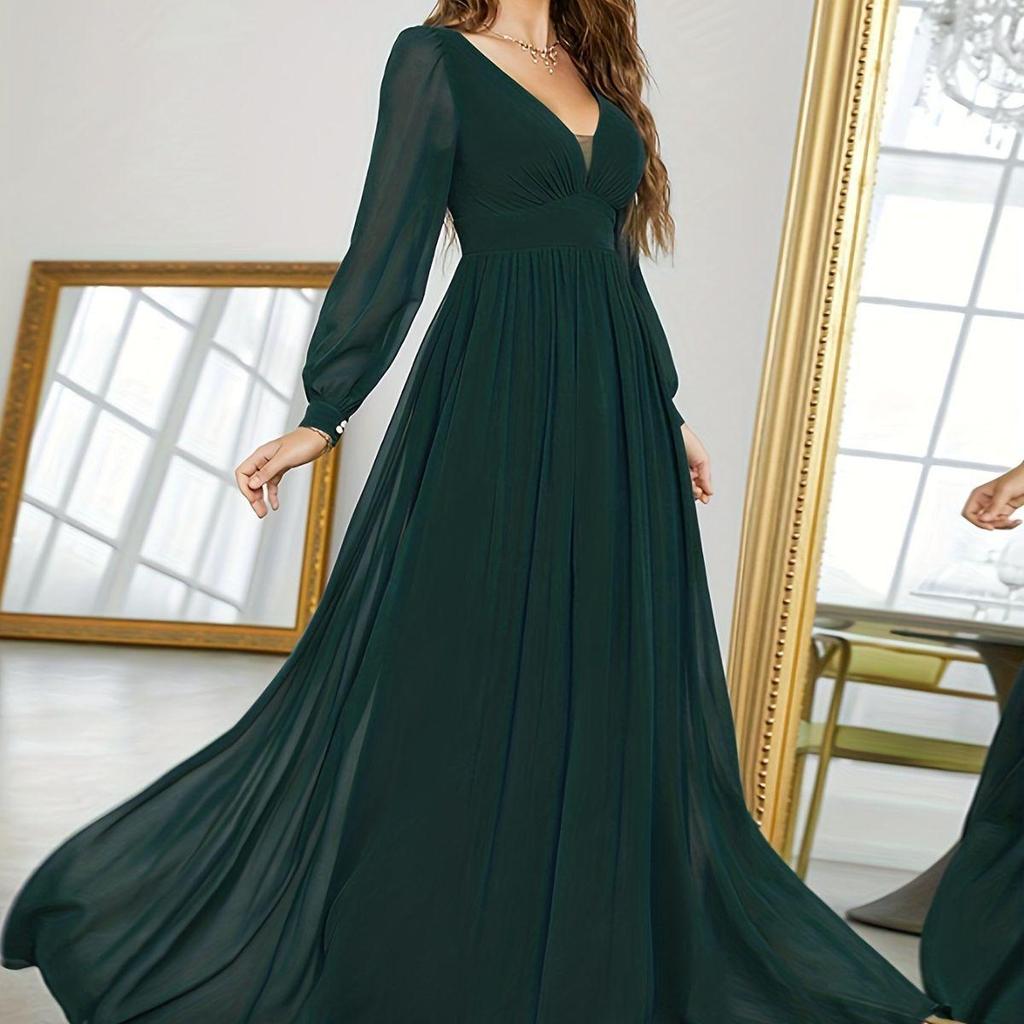 European & American Style Long Sleeve Chiffon Evening Dress - Deep V-Neck, Elegant Bridesmaid Dress