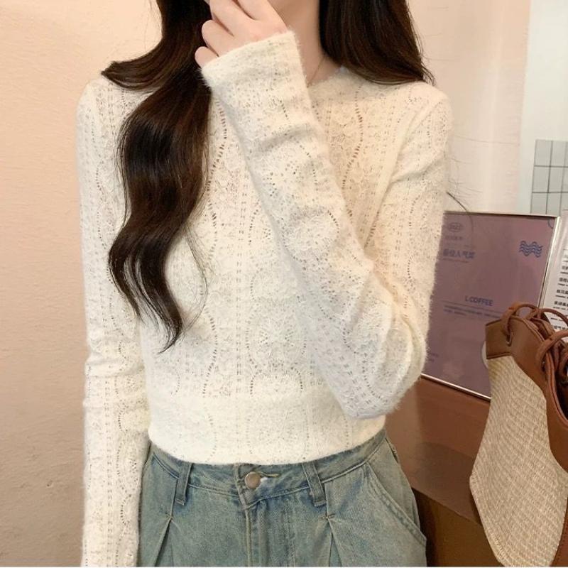 French Apricot Long Sleeve Lace Base Layer Women's Autumn Winter Design Sense Hollow-out Blouse Slim Fit Inner Top