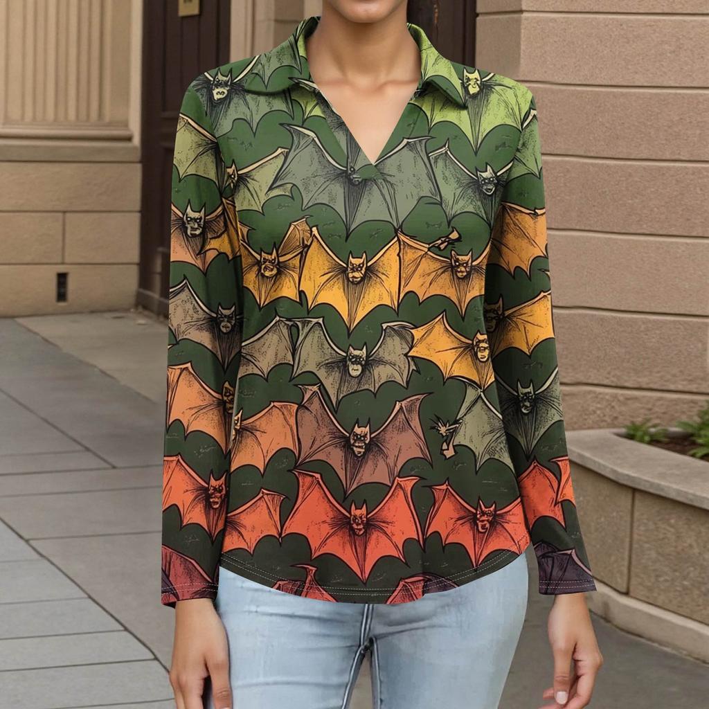 Women's Summer Fashion Casual  Printed V-Neck Long Sleeve Shirt Top