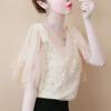 Women's Short Sleeve Sequined Chiffon V-Neck Shirt - Elegant, Fashionable, Loose Fit Top for Mature, Fairy-Inspired Summer Style