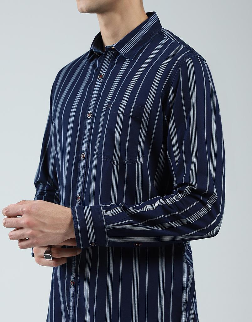 MONTE CARLO Mens Striped Navy Blue Collar Neck Full Sleeve Shirt