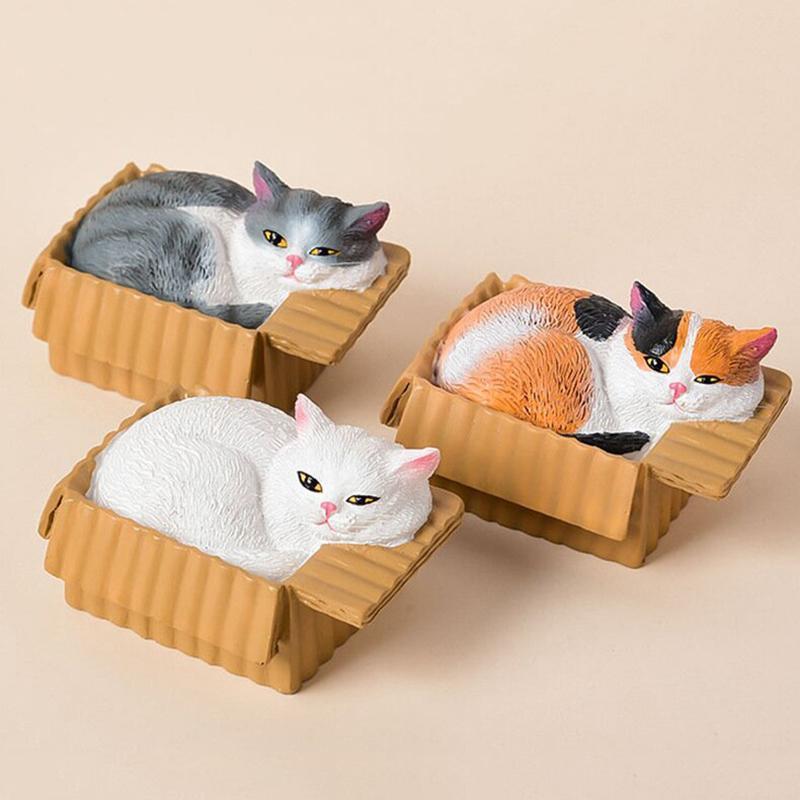 Resin Napping Cat In Box Figurine Cute Kawaii Desktop Ornament for Car Dashboard Bedroom Living Room Decor