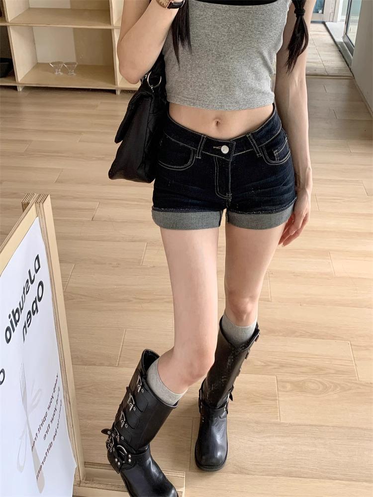 Women's High-Waist Dark Blue Denim Shorts - Sexy, Hip-Hugging A-Line with Rolled Edges for Summer