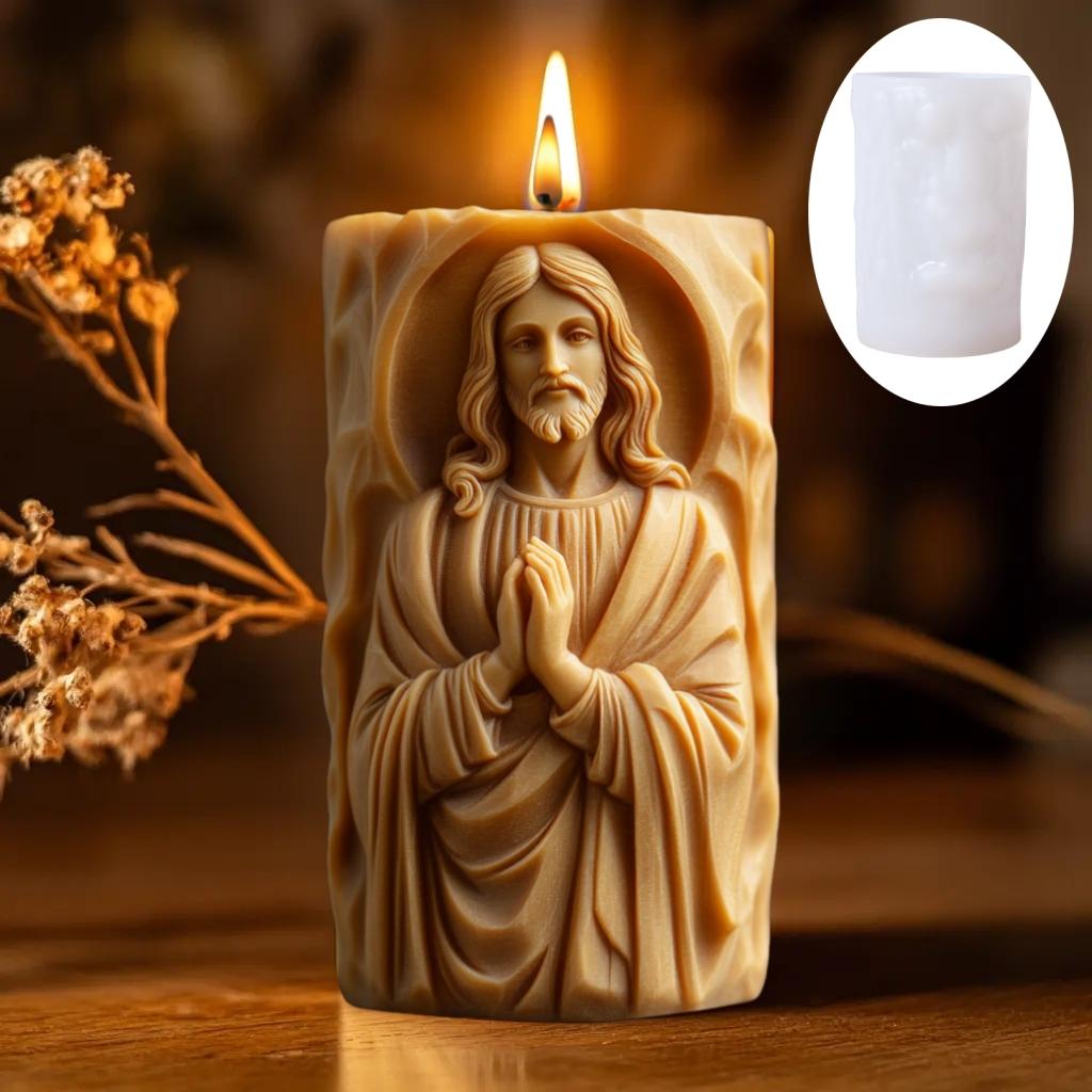 Gebet Jesus Relief Zylinderkerze Silikonform Blume Jesus Statue Relief Harzform Jesus Skulptur Beton Gipsformen