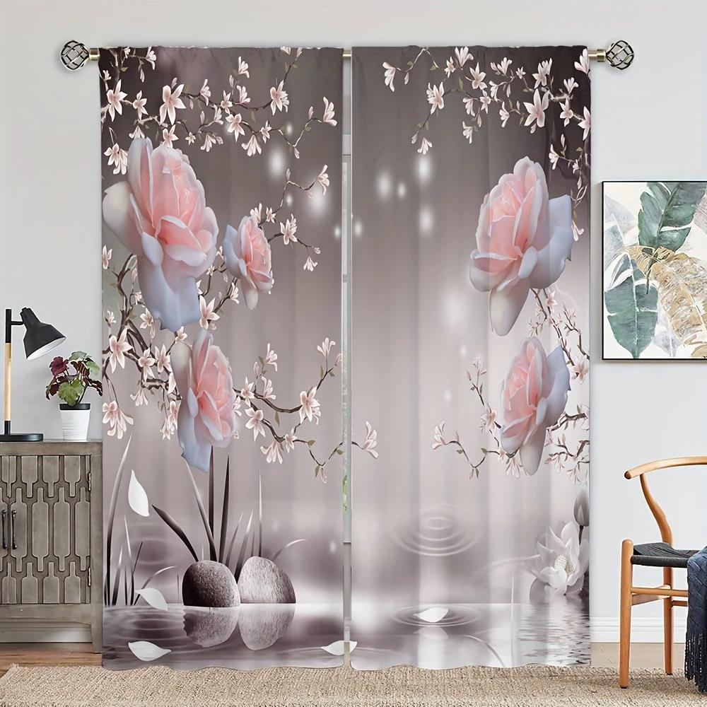 Elegant pink flowers - printed curtains, pole bag home decoration, room decoration