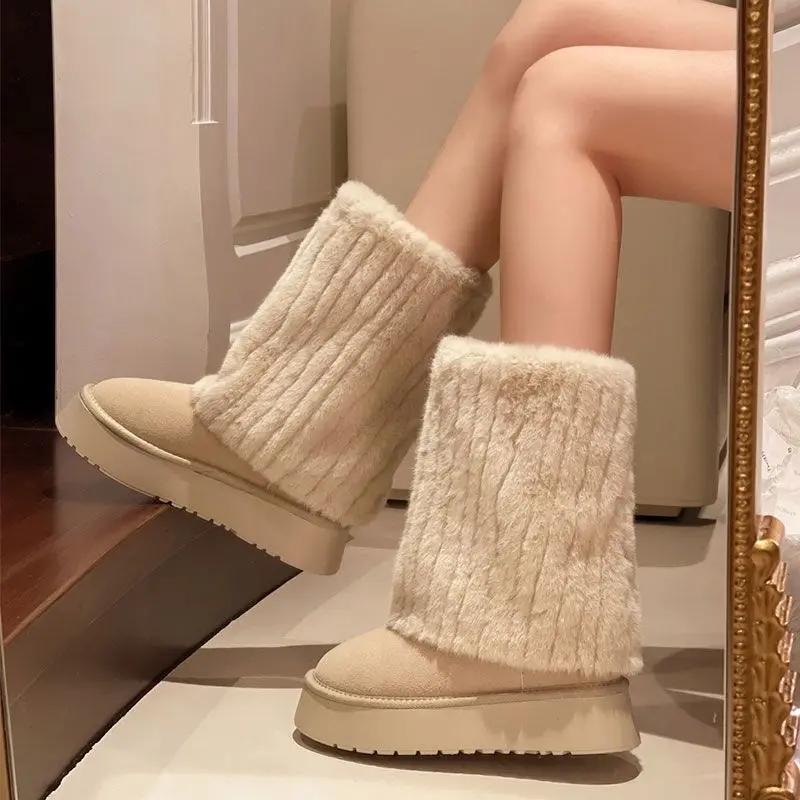 Fashion Women's Thick-Soled Fleece-Lined Mid-Calf Snow Boots - Wide-Foot Friendly, Warm Cotton Boots with Rubber Sole, Comfortable