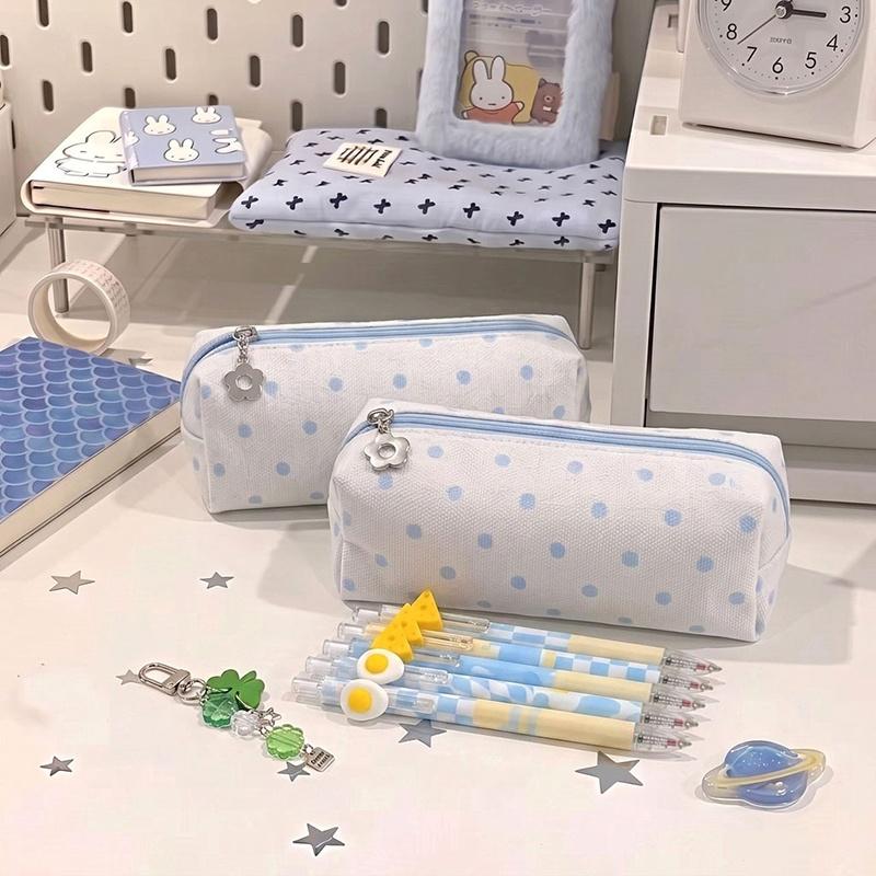 Cute Canvas Pencil Case With Blue Polka Dots And Flower Zipper Pull Perfect For Students School Stationery Storage
