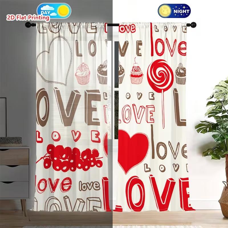 

2PC Love & Sweet Treats Curtains - Red & Brown Heart Print Window Drapes for Girls Bedroom Valentine s Day Decor 24x59in(60x150CM)x2&Rod Pocket