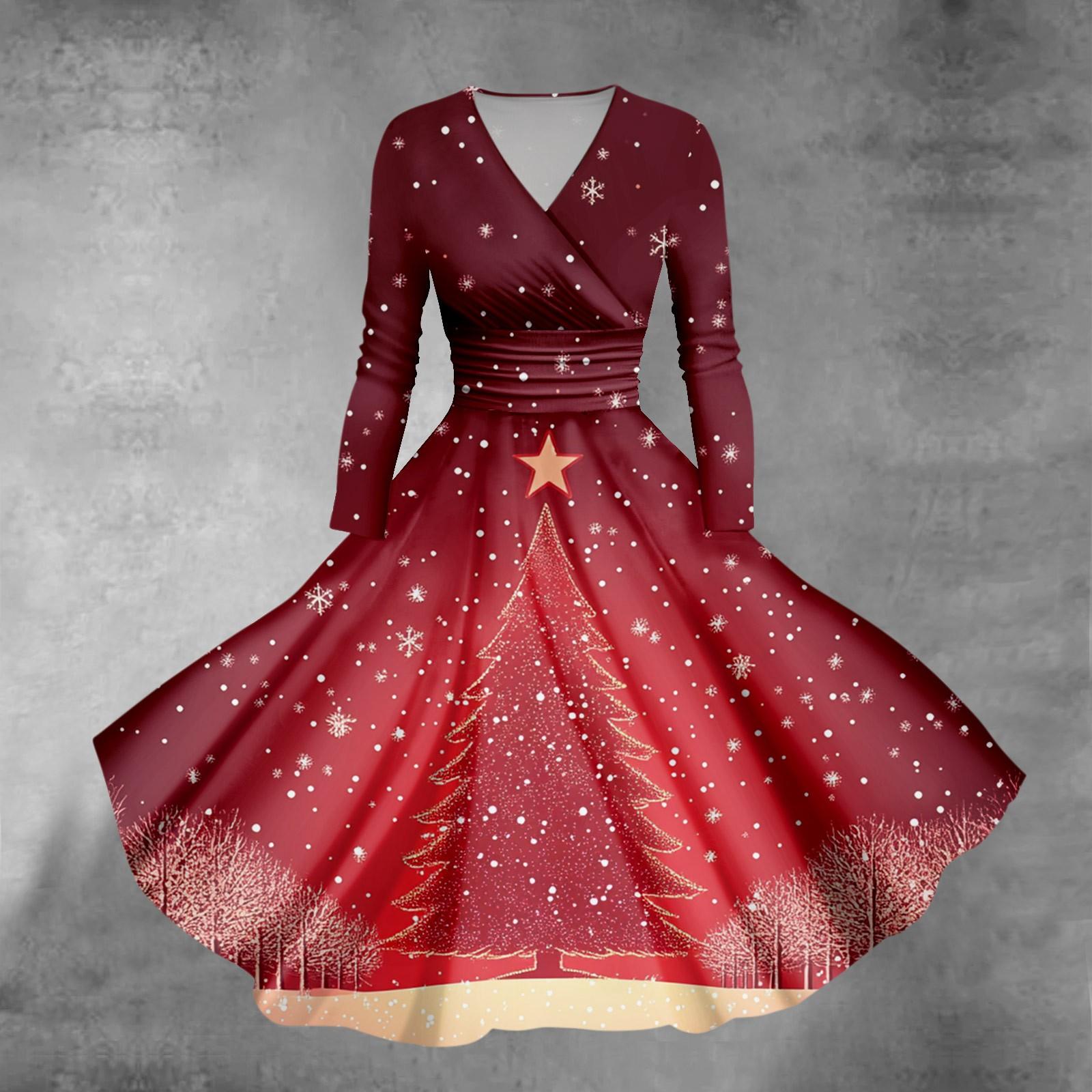 

Жіноча приталена плаття з V-подібним вирізом із принтом «різдвяна ялинка» і «сніжинка» з довгими рукавами XXXXXL червоний