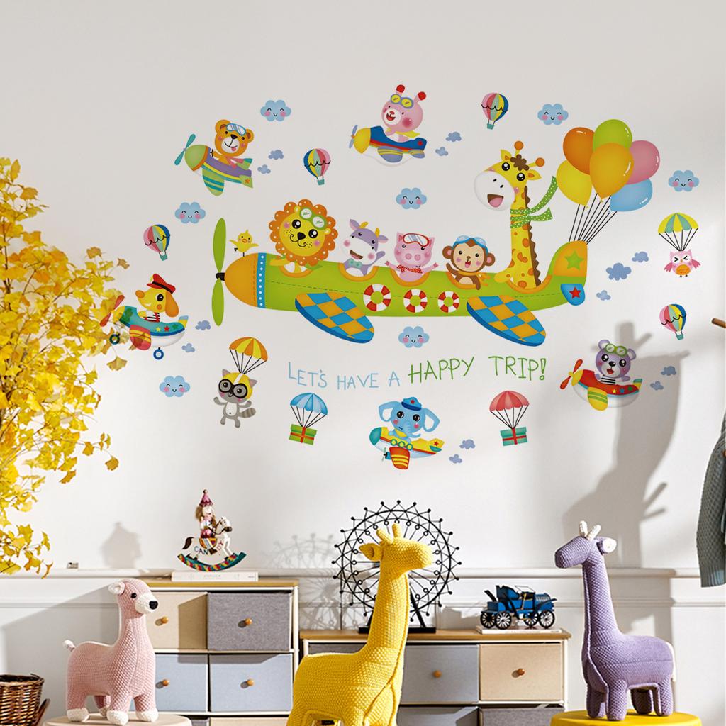 Cartoon Animal Wall Sticker Music Party Plane Balloon Decor Kids Room Nursery Vinyl Removable Decals