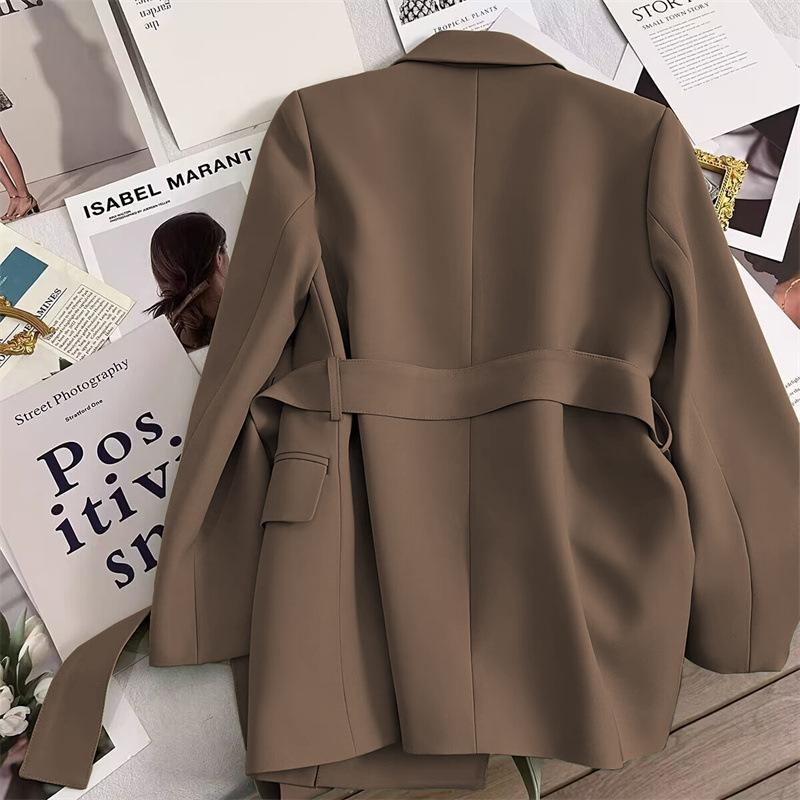 2026 Autumn New Coffee Color Belted Blazer Jacket For Women, Korean Designer Elegant Casual Trendy Suit Coat