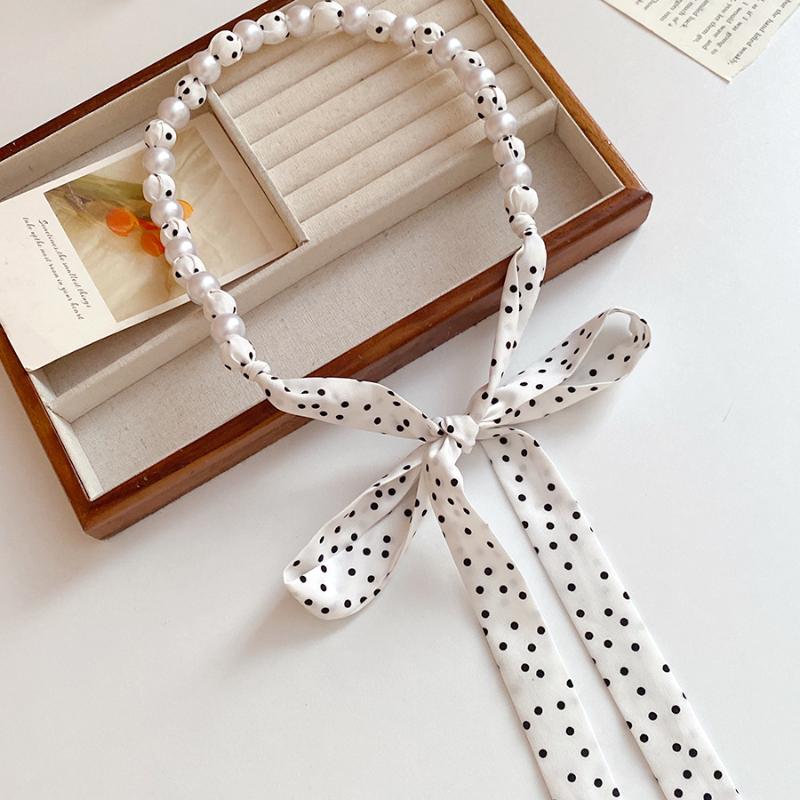 Fashion Vintage Polka Dot Long Silk Scarf Pearl Waist Chain Luxurious Design Belt Exquisite Clothing Accessories