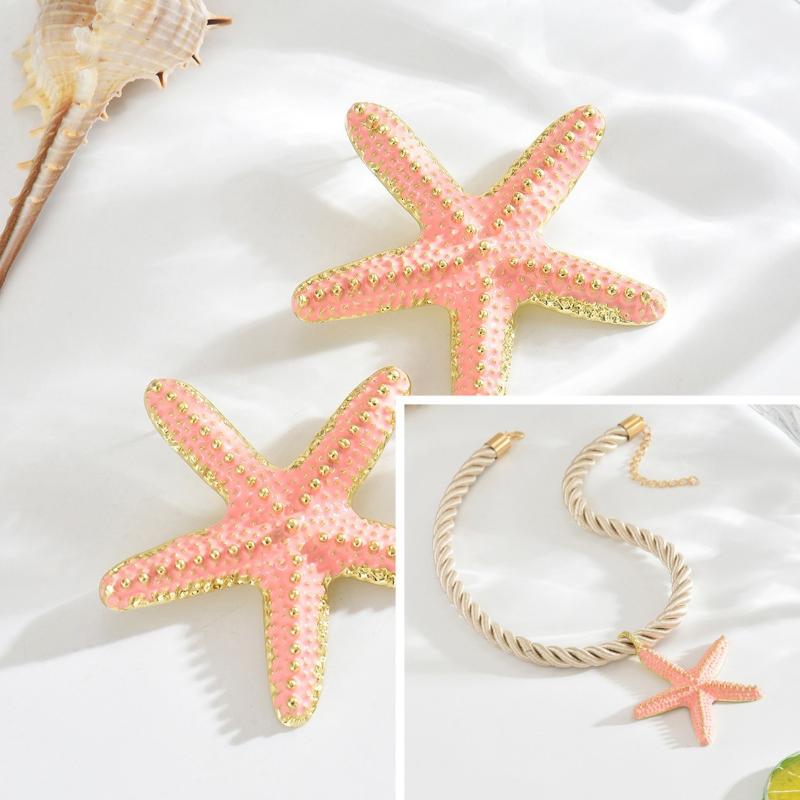 Boho Colorful Metal Oil Drop Big Starfish Pendant Rope Chains Necklace For Women Summer  Jewelry Set Gifts