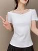 Trendy 2025 Off-Shoulder V-Neck Women's T-Shirt with Slimming Fit, Short Sleeves, and Open Back, Featuring Single/Double Shoulder Straps
