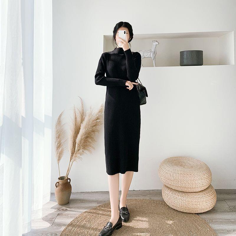 Plus-Size Women's Thickened Winter Long Knitted Wool Dress with Half-High Collar