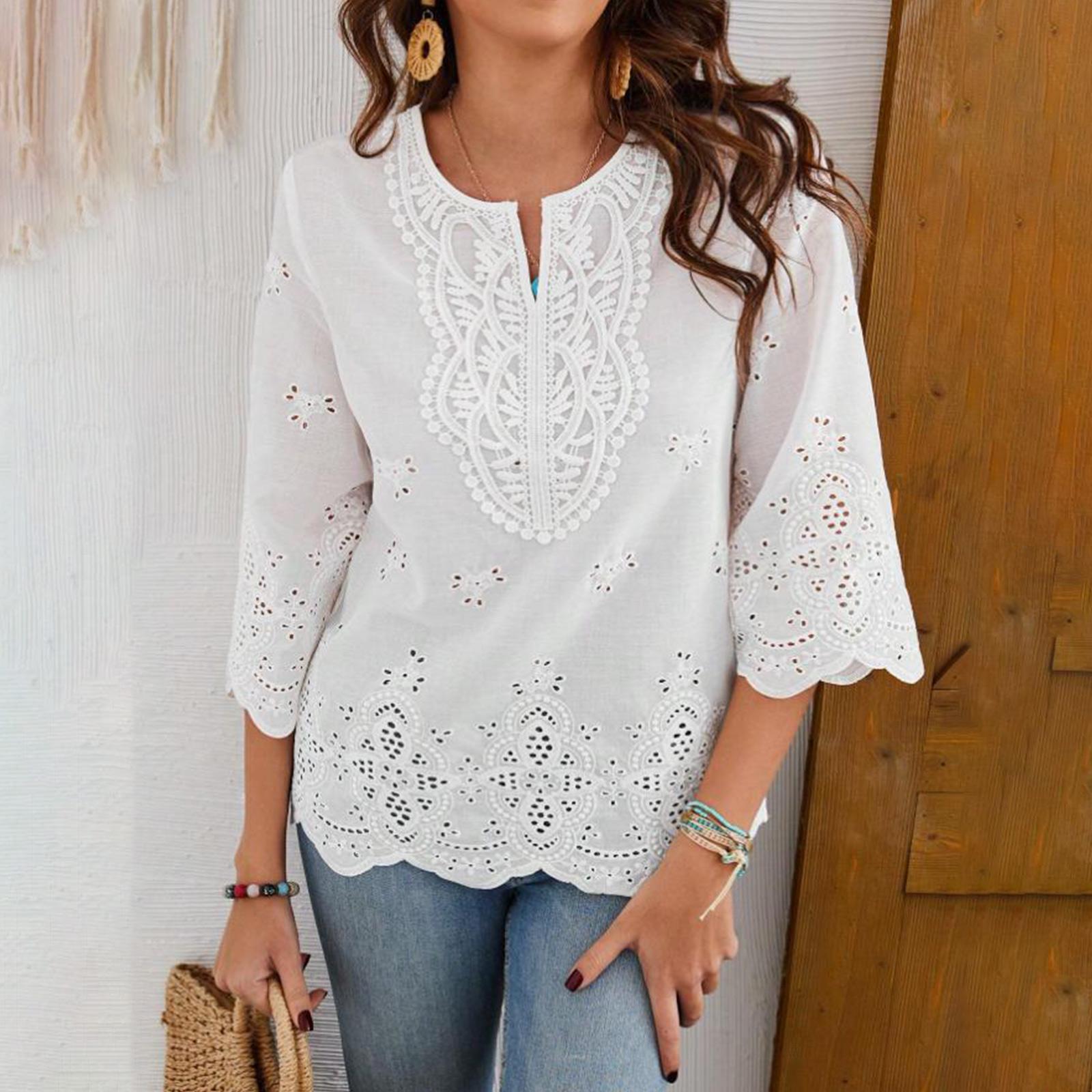 

Женская модная и сексуальная блузка-пуловер с V-образным вырезом и рукавами три четверти, отделанная кружевом XL белый