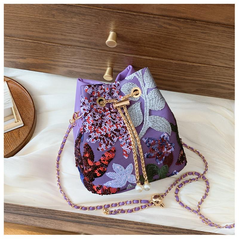 New Women's Sequin Chain Single Shoulder Crossbody Bag Large Capacity Bucket Bag Floral Handbag Handwoven Embroider Shoulder Bag