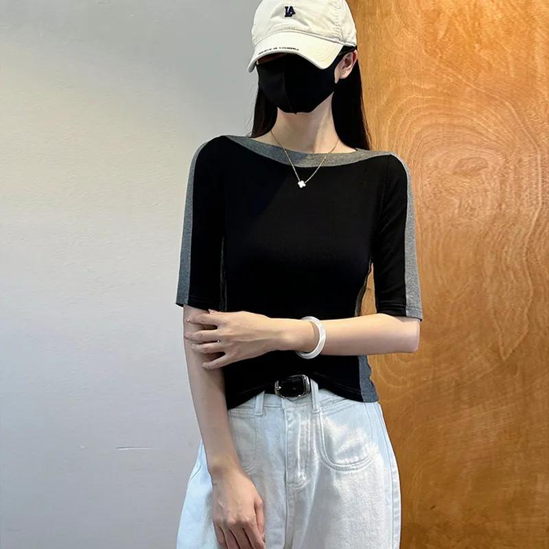 

Women Boat Neck Color Block Half Sleeve Slim Fit Knit Top S чёрный