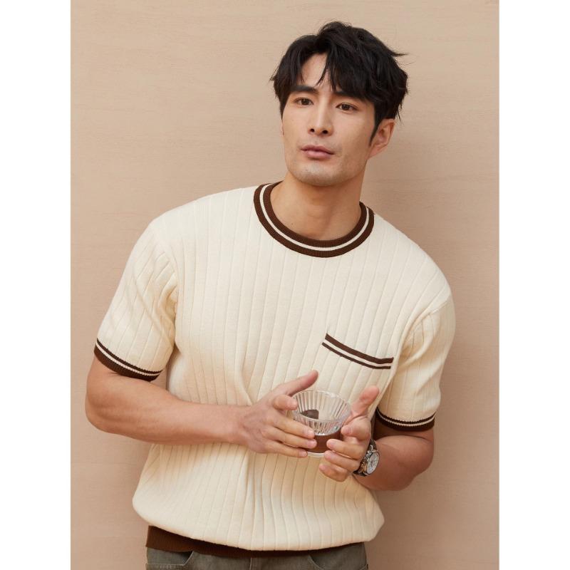 

Summer new short-sleeved sweater men s pocket color matching slim casual trendy T-shirt M абрикосовый