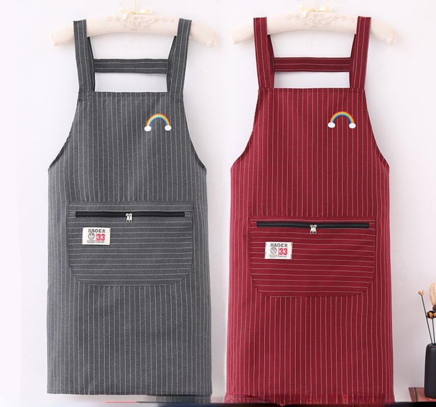 Kitchen Oil Resistant Straps Aprons  Breathable Apron Striped Zippered Cotton Apron  Women Men Dirt Resistant Work Clothes