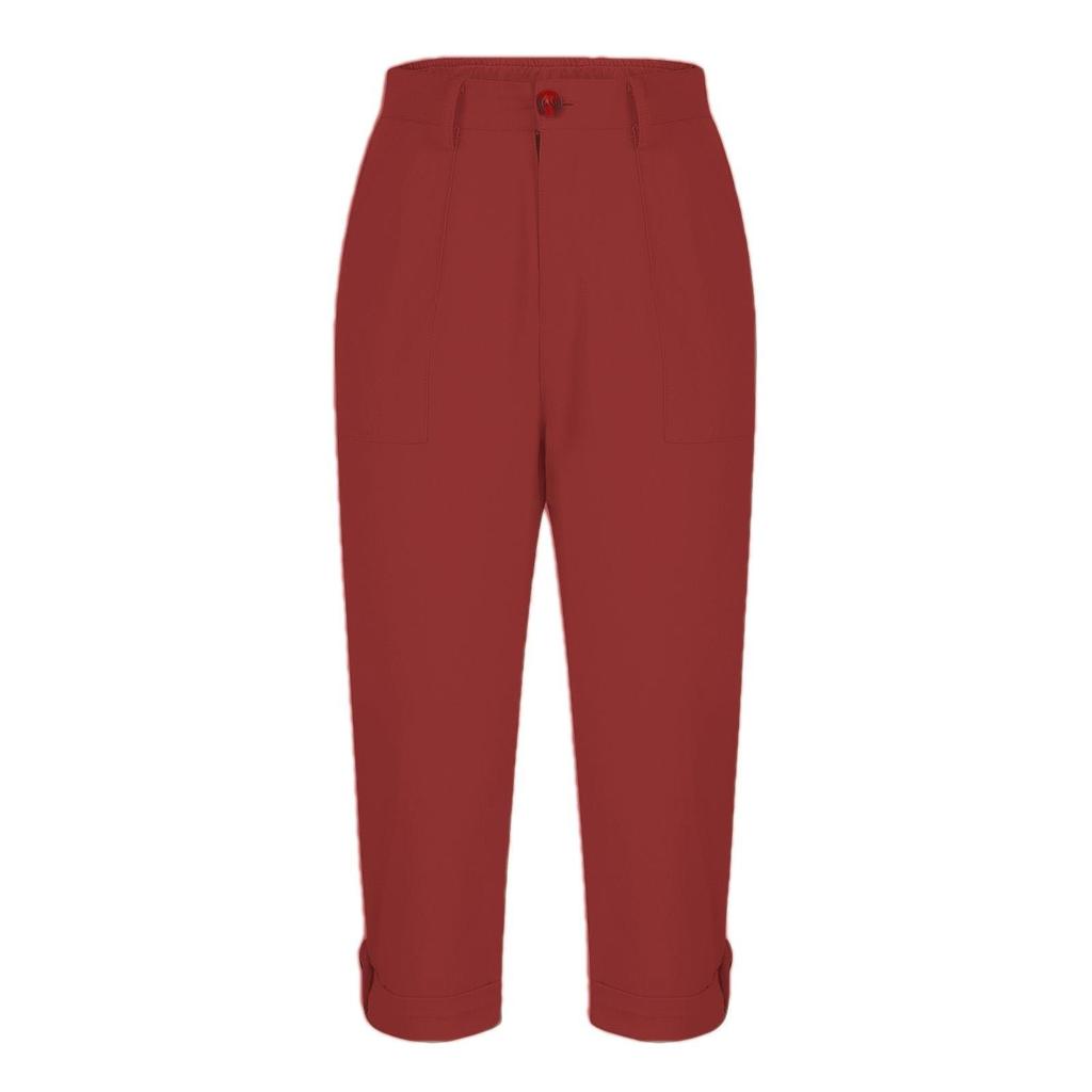 Women Casual Capri Pants High Waisted Rolled Cuff Ankle Pants Solid Color Pocket Detail Loose Fit Trousers